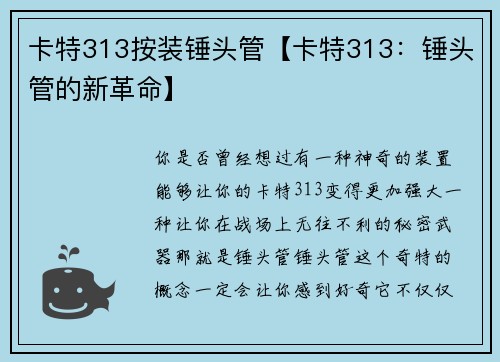 卡特313按装锤头管【卡特313：锤头管的新革命】